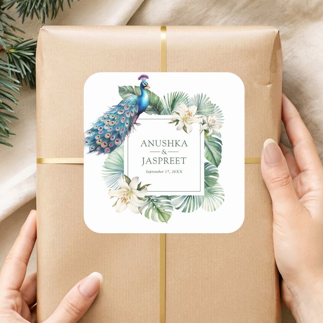 Tropical Indian Peacock Floral Wedding Quadratischer Aufkleber (Von Creator hochgeladen)