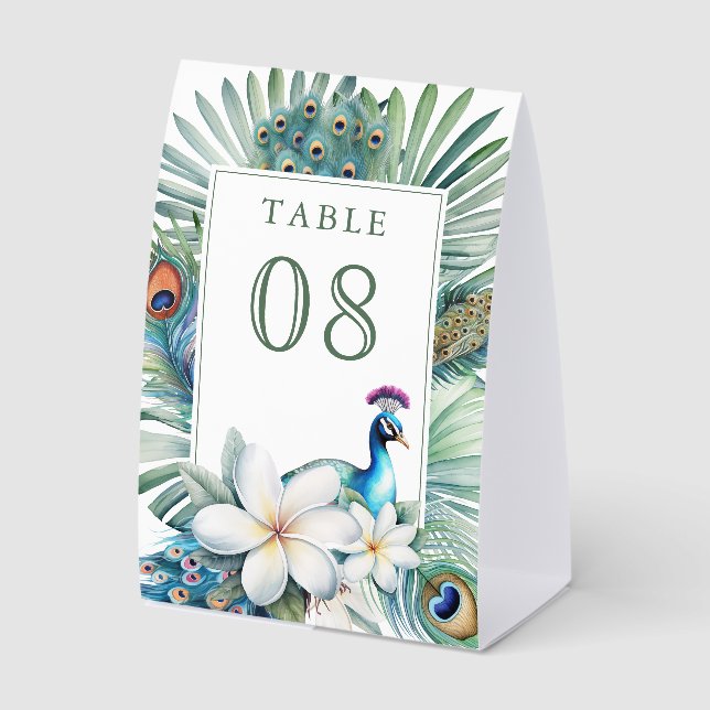 Tropical Indian Peacock Wedding Table Number Tischaufsteller (Vorderseite)