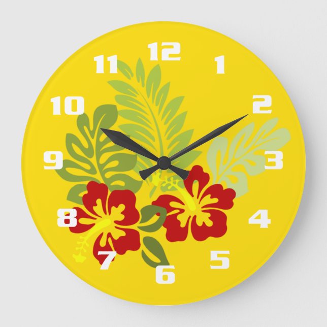 Tropical Insipred Design with Hibiscus flower Große Wanduhr (Vorderseite)