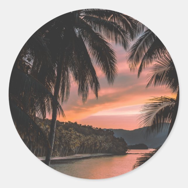 Tropical Island Abend Palm Tree Sunset Runder Aufkleber (Vorderseite)