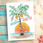Tropical Island Beach Palm Tree Weihnachten Einladung<br><div class="desc">Die Weihnachtsfeier zum Thema tropischer Strand ist eine Sonnenstrahlen-Party Einladung mit einer Palme,  die mit Lichtern und Ziern aus der Saite geschmückt ist,  und eine "Feier"-Beschriftung im Pinselstrich-Stil. Kunst von KL Stock</div>