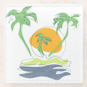 Tropical island beach scenery. Outline palm tree Glasuntersetzer