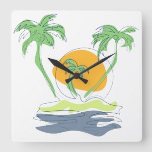 Tropical island beach scenery. Outline palm tree Quadratische Wanduhr