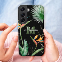 Tropical Island Floral Monogram Script Gold Black