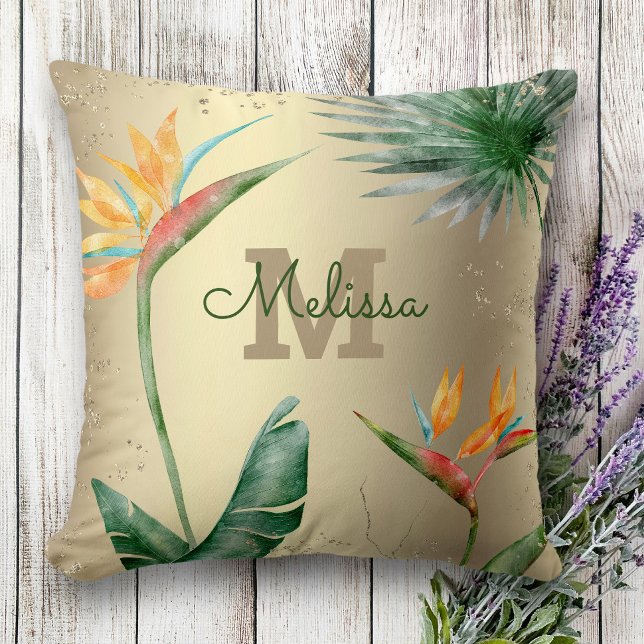 Tropical Island Floral Monogram Script Gold Foil Kissen (Von Creator hochgeladen)