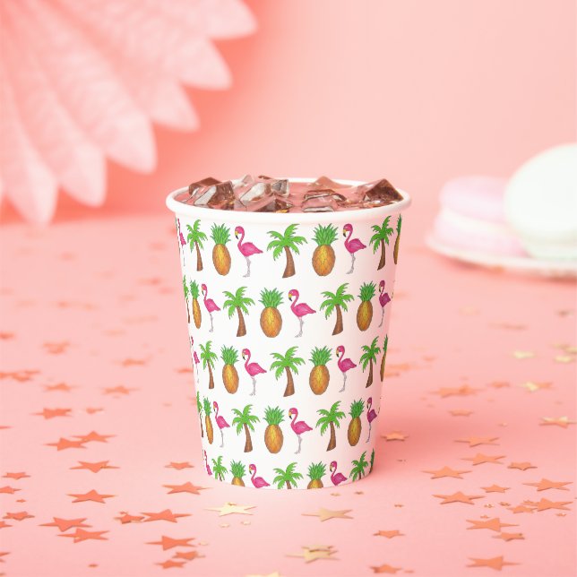 Tropical Island Palm Tree Ananas Pink Flamingo Pappbecher (Insitu)