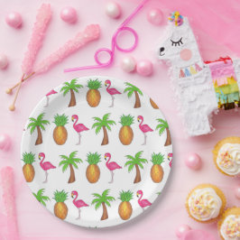 Tropical Island Palm Tree Ananas Pink Flamingo Pappteller