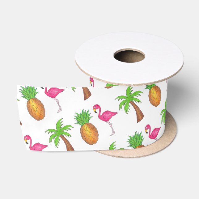 Tropical Island Palm Tree Ananas Pink Flamingo Satinband (Spule)