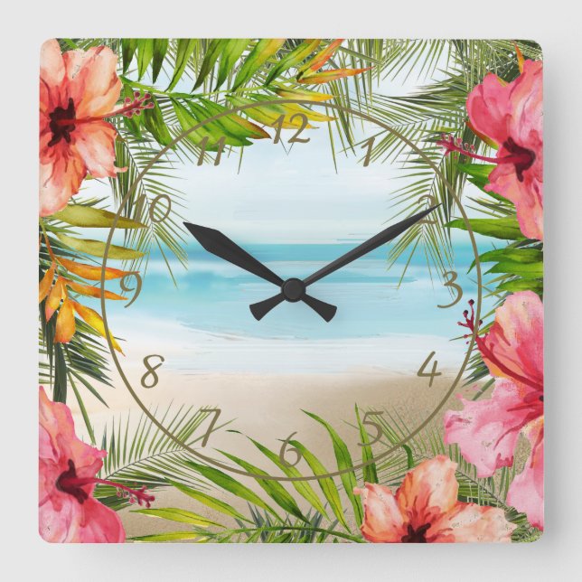 Tropical Island Paradise Palms | HIBISKUS BLUME Quadratische Wanduhr (Vorderseite)
