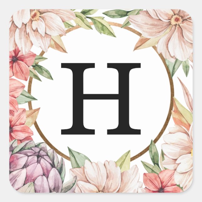 Tropical Island Pastel Floral Wedding Monogram Quadratischer Aufkleber (Vorderseite)