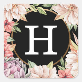 Tropical Island Pastel Floral Wedding Monogram Squ Quadratischer Aufkleber