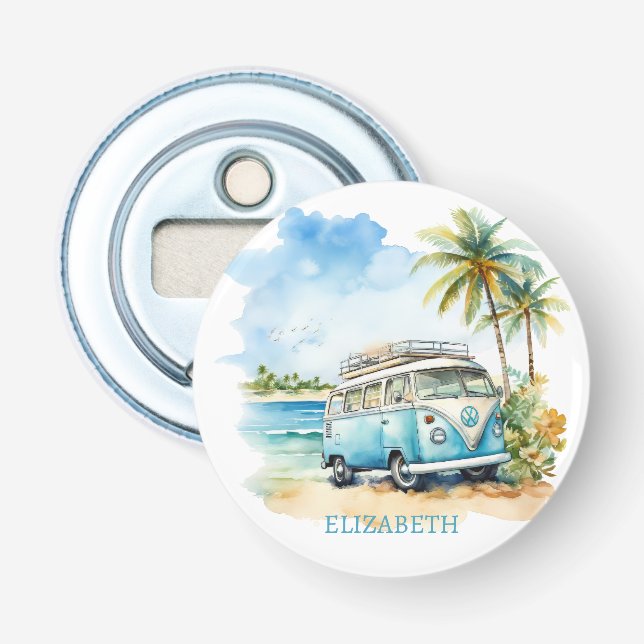Tropical Island Retro Blue Bus Flaschenöffner (Vorderseite)