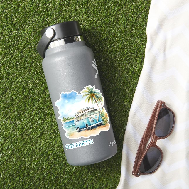 Tropical Island Retro Blue Bus Personalisiert Aufkleber (HydroFlask Insitu)