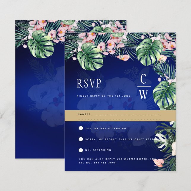 Tropical Island Royal Blue Flowers Blätter Wedding (Vorne/Hinten)