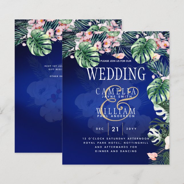 Tropical Island Royal Blue Flowers Blätter Wedding (Vorne/Hinten)