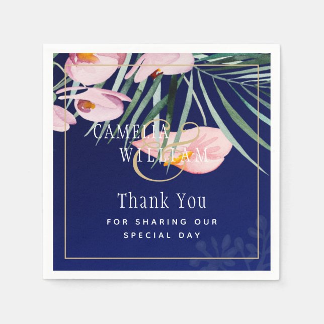 Tropical Island Royal Blue Flowers Blätter Wedding Serviette (Vorderseite)