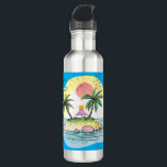 Tropical Island Sunset Drinkware Edelstahlflasche<br><div class="desc">Bring island vibes to every sip with this Tropical Island Sunset Drinkware Collection. Whether you're drinking your morning coffee, hydrating on the go, or relaxing with a cool beverage, this design adds a burst of vacation-inspired color and chill energy to your day. Featuring a hand-drawn illustration of a peaceful tropical...</div>