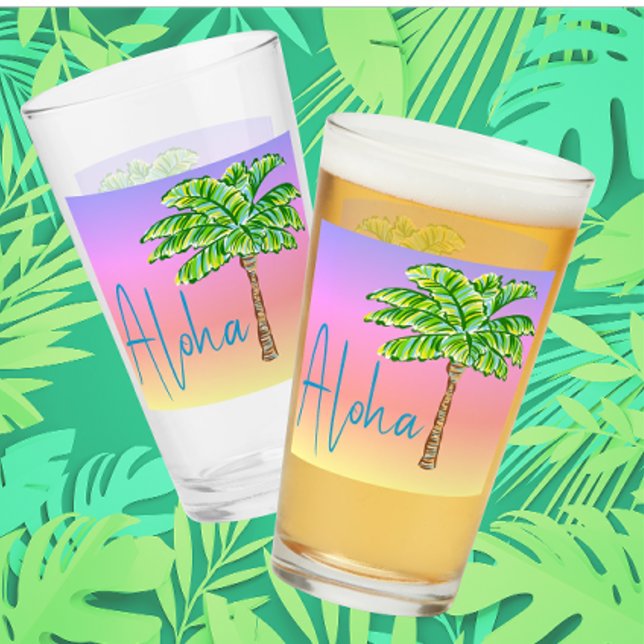 Tropical Island Sunset Green Palm Tree Aloha Glas (Personalize with your own name or message)