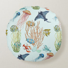 Tropical Jellyfish Coral Et Poisson Coussin Rond