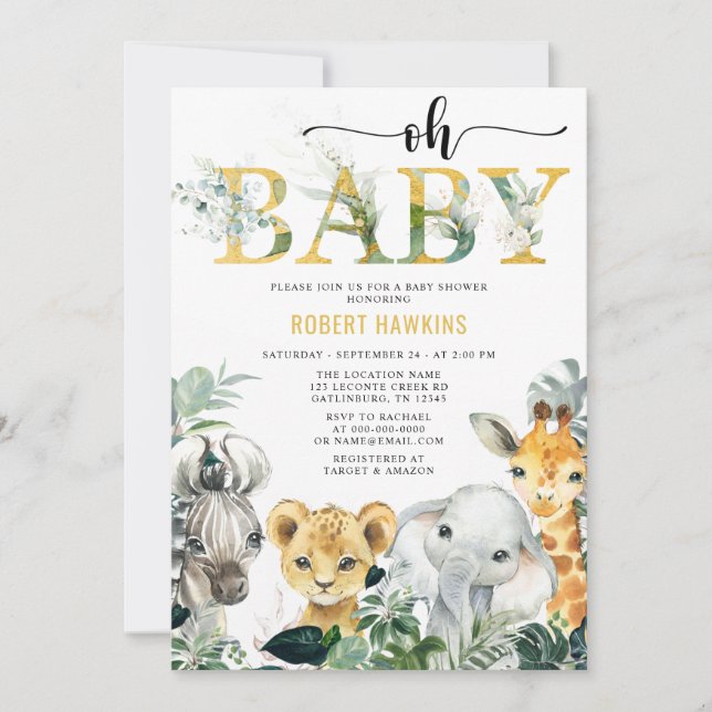 Tropical Jungle Animal Safari Baby Dusche Invitati Einladung (Vorderseite)