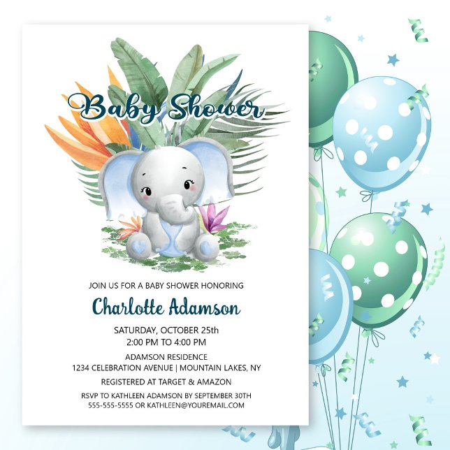Tropical Jungle Baby Blue Elephant Baby Dusche Einladung (Von Creator hochgeladen)