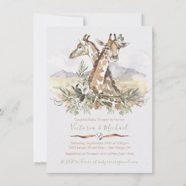 Tropical Jungle Giraffe Bébé invitations douche (Devant)