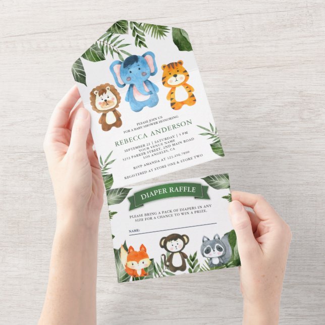Tropical Jungle Safari Niedlicher Tiere Babydusche All In One Einladung (Abreißen)