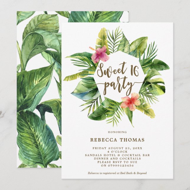 Tropical jungle Sweet 16 invitation (Devant / Derrière)