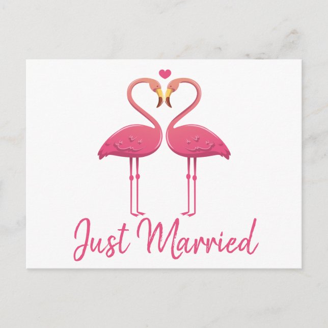 Tropical Just Married Pink Flamingo Wedding Ankündigungspostkarte (Vorderseite)