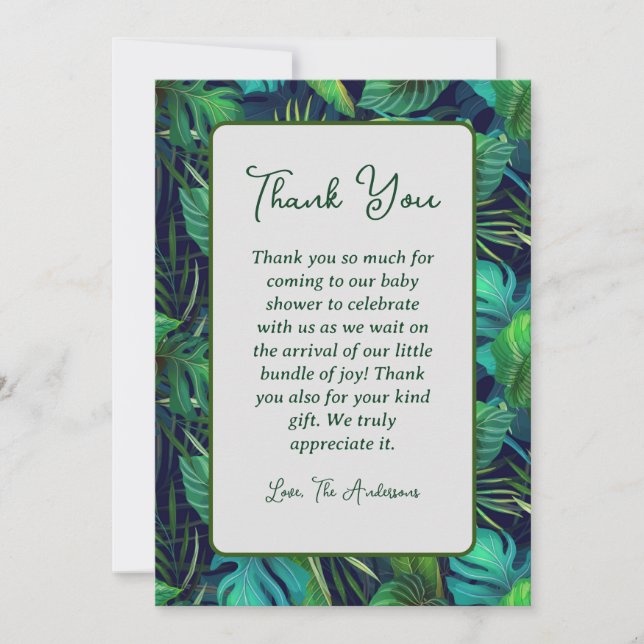 Tropical Leaf Baby Dusche Danke Karte (Vorderseite)