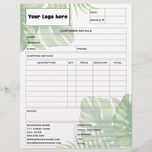 Tropical Leaf Invoice Business Sales Form Receipt Briefbogen (Vorderseite)