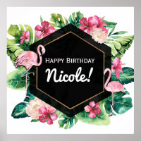 Tropical Leaves Hibiscus Flamingos Banner Poster