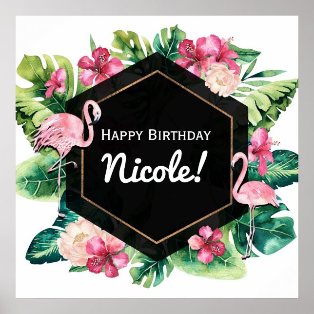 Tropical Leaves Hibiscus Flamingos Banner Poster (Vorne)
