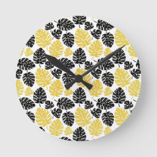 Tropical leaves in Gold and Black Runde Wanduhr