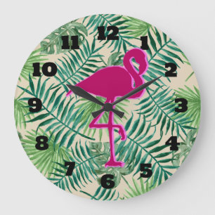 Tropical Leaves Pattern and Pink Flamingo Große Wanduhr