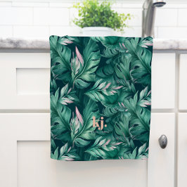 Tropical Leaves Pink & Green Monogram Tea Towel Geschirrtuch