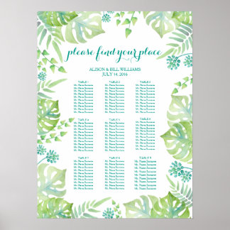 Tropical leaves wedding dinner seating chart poster