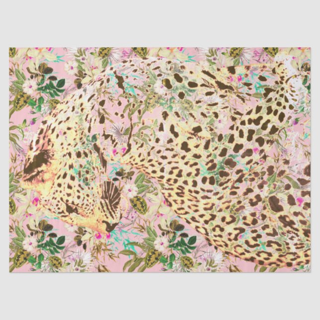Tropical leopard print floral Hawaiian pink yellow Seidenpapier (Vorderseite)