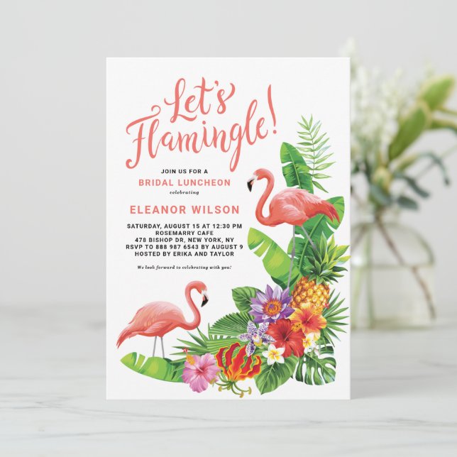 Tropical Let's Flamingle Summer Bridal Luncheon Einladung (Stehend Vorderseite)