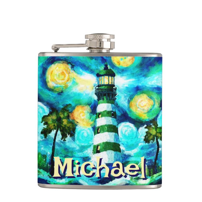 Tropical Lighthouse Coastal Nautical Personalisier Flachmann (Vorderseite)