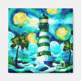 Tropical Lighthouse & Palm Trees Green Blue Aquama Magnet