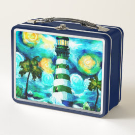 Tropical Lighthouse & Palm Trees Green Blue Aquama Metall Brotdose