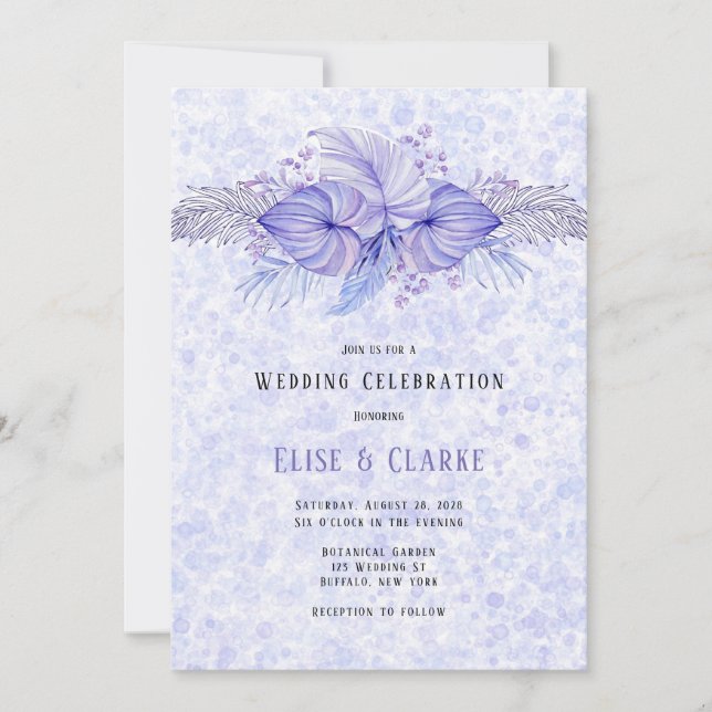 Tropical Lila Blue Palm Blätter Hochzeit Einladung (Vorderseite)