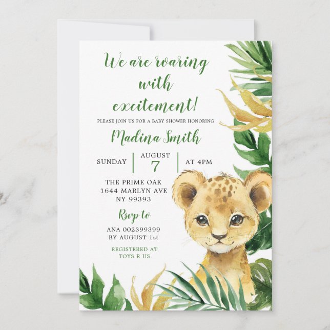 Tropical Lion Cub Boy Baby Shower Einladung (Vorderseite)