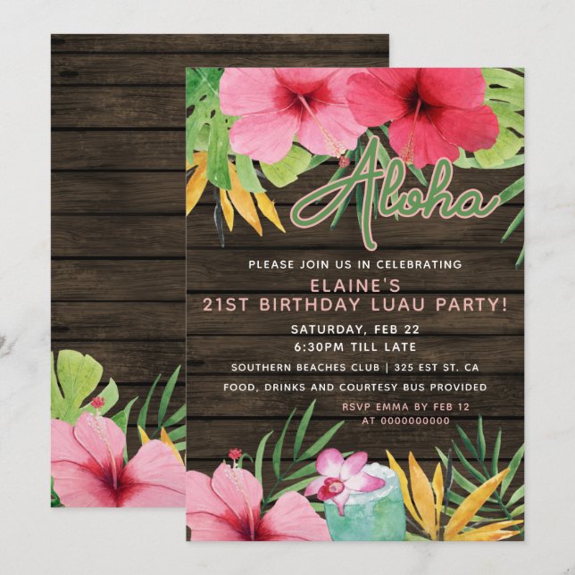 Tropical LUAU Adult Birthday Party Einladung (Vorne/Hinten)
