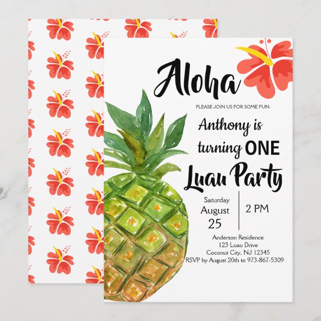 Tropical Luau Ananas Erster Geburtstag Einladung (Vorne/Hinten)