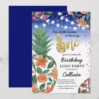 Tropical Luau Ananas Light Glitzer 1. Geburtstag Einladung