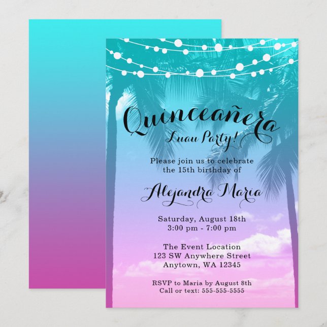 Tropical Luau Aquamarin Pink Quinceanera Einladung (Vorne/Hinten)