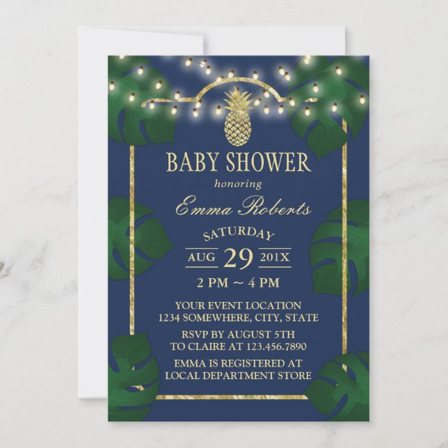 Tropical Luau Baby Shower Ananas Navy & Gold Einladung (Vorderseite)