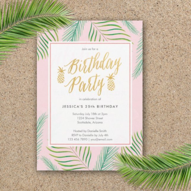 Tropical Luau Birthday Einladungen in Pink & Gold (Birthday Party Luau Invitation)